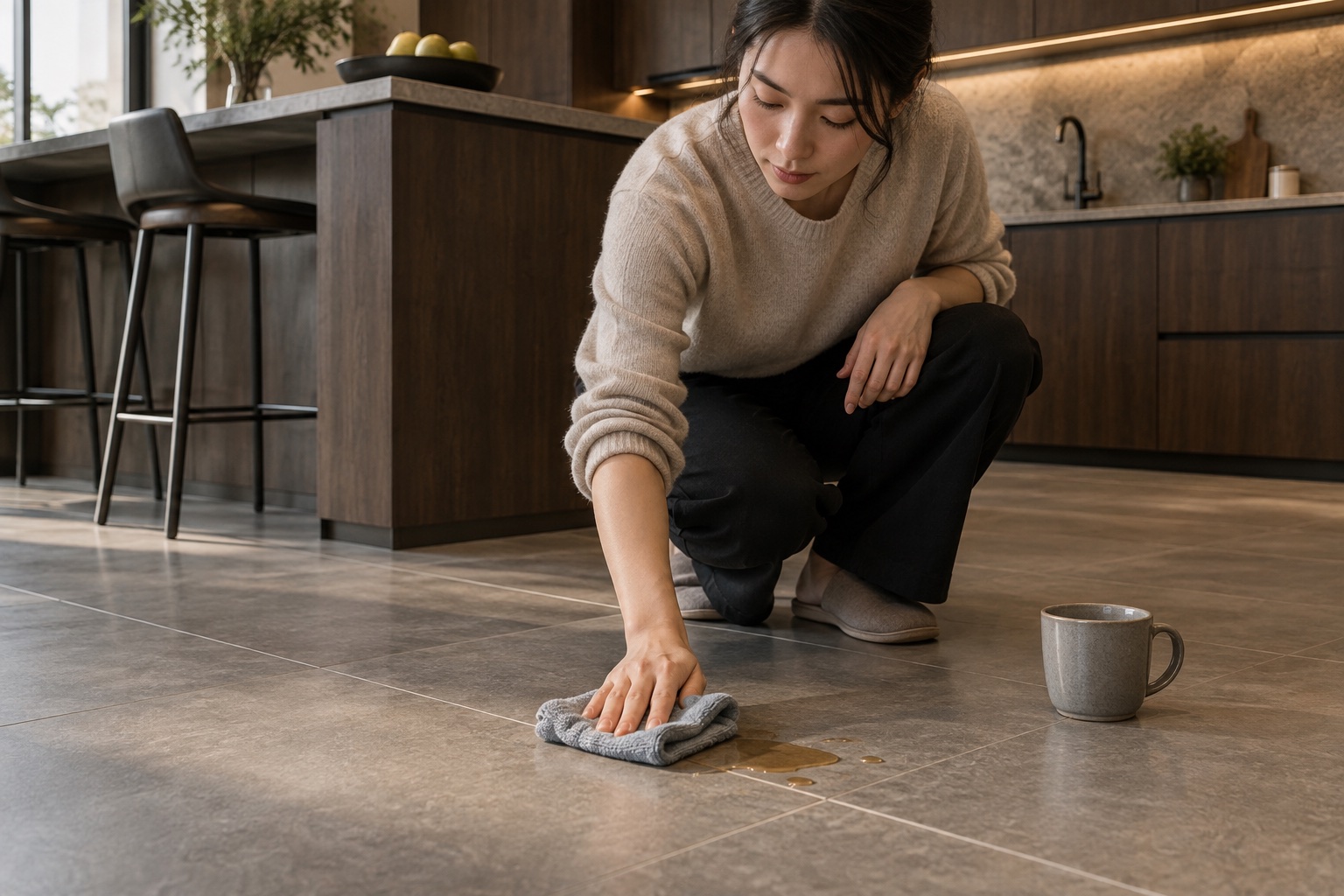 业主在厨房及时用柔软布料处理地面少量污渍
